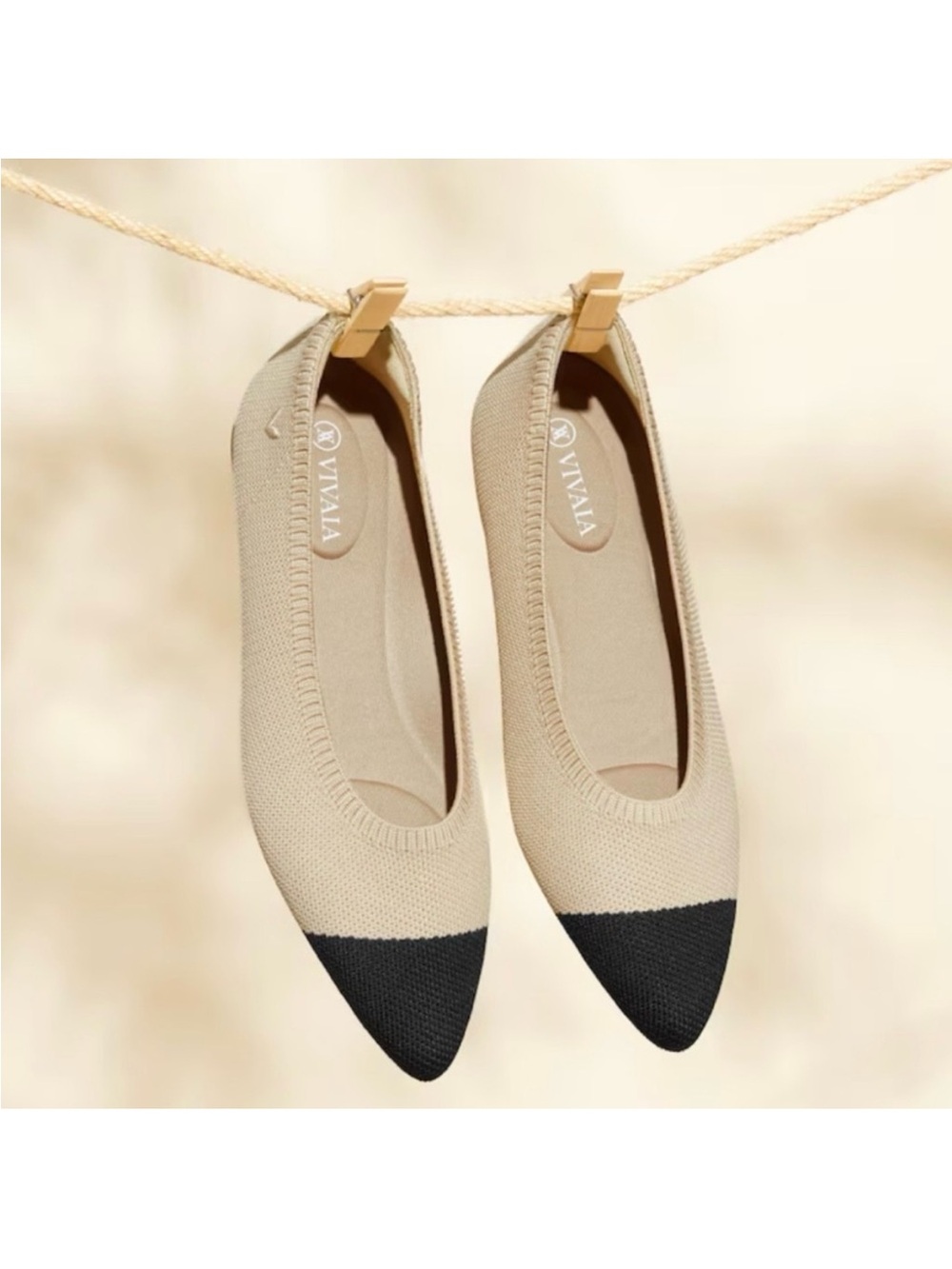 Vivaia pointed-toe Ballet Flats (Aria 5°) Almond & Black sz 39.5 / 9.5 washable